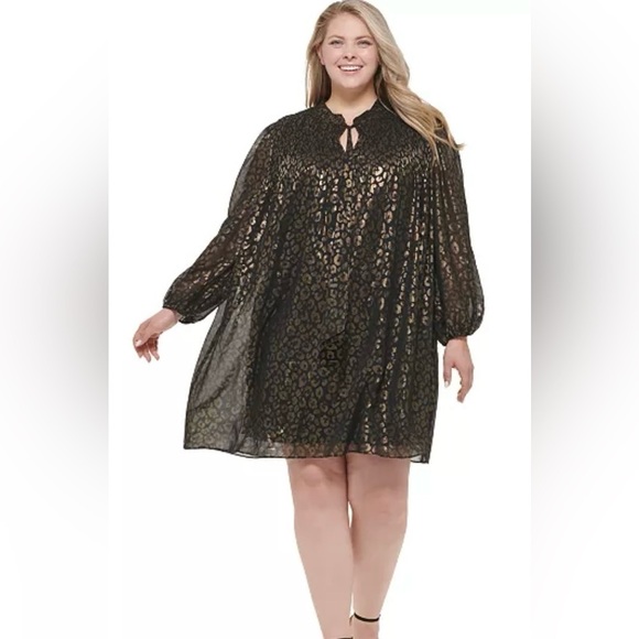 New DKNY Plus Size 20W Leopard-Print Tie-Neck Pleated Dress NWT - Picture 5 of 7